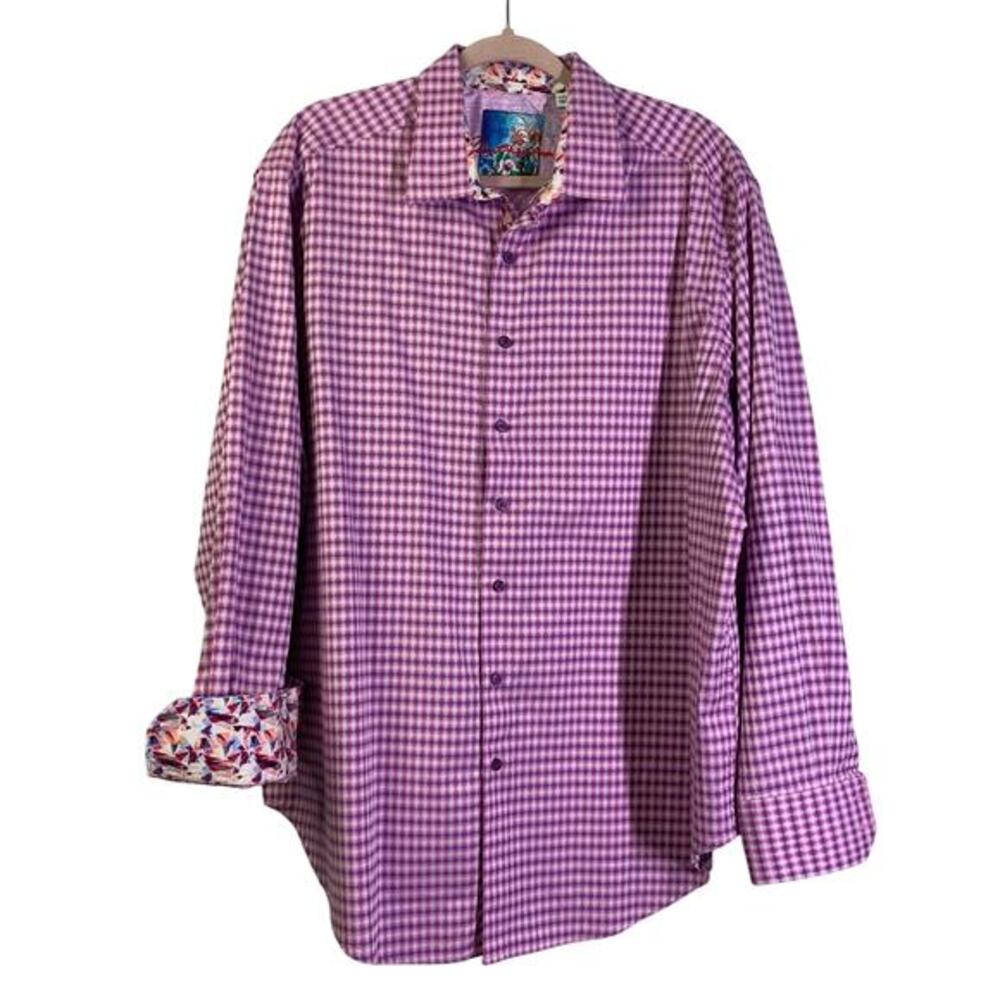 ROBERT GRAHAM Shirt 1X Conlan Classic Fit Contrast Cuffs Point Collar Curved Hem
